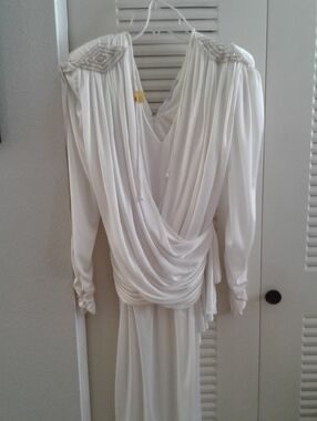 Source Unknown White Draped Long-Sleeve Midi Dress with Beaded Shoulders